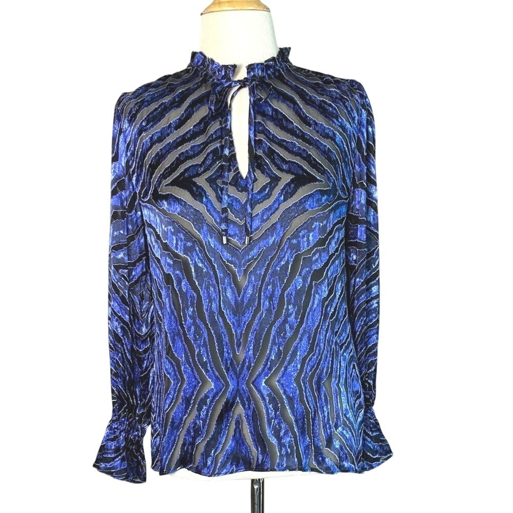 New WHITE HOUSE BLACK MARKET XS Geo Zebra Long Sleeve Silk BO Tie Blouse